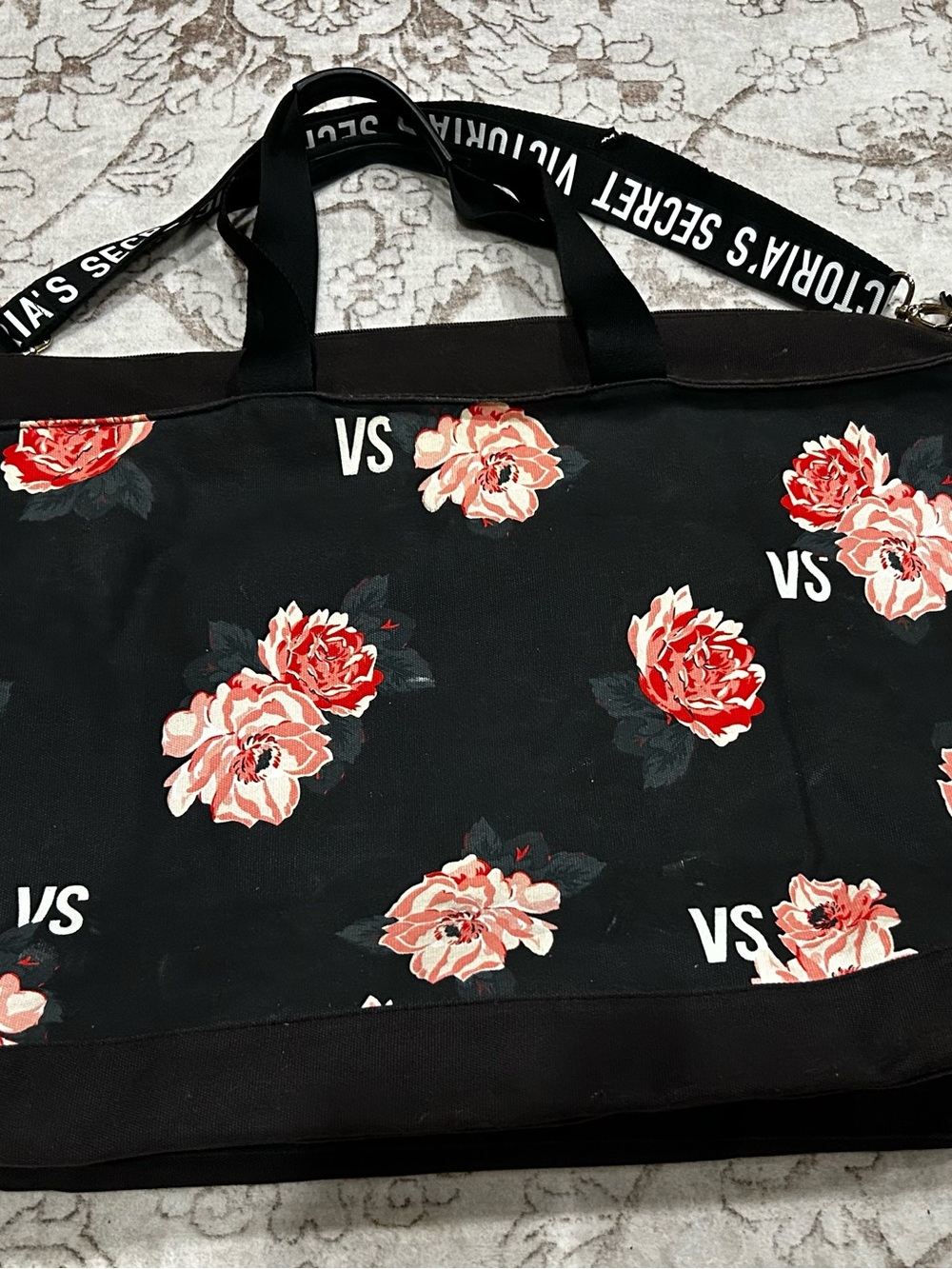 Victoria's Secret Black Tote with Red and Pink Floral Print